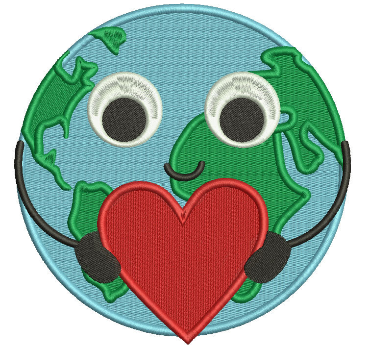 Love Eearth Globe Map of the World With a Big Heart Filled Machine Embroidery Digitized Design Pattern