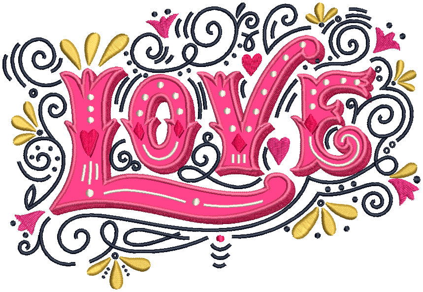 Love Fancy Letters With Hearts Applique Machine Embroidery Design Digitized Pattern