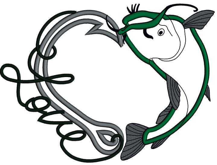 Love Fishing Hook With Inverted Fish Applique Machine Embroidery Design Digitized Pattern