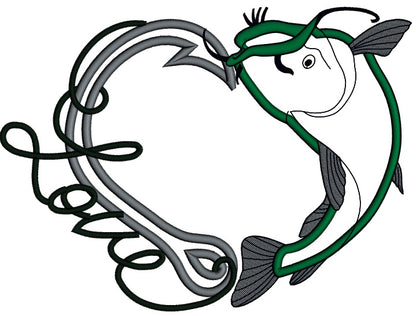 Love Fishing Hook With Inverted Fish Applique Machine Embroidery Design Digitized Pattern