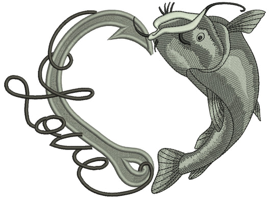Love Fishing Hook With Inverted Fish Filled Machine Embroidery Design Digitized Pattern