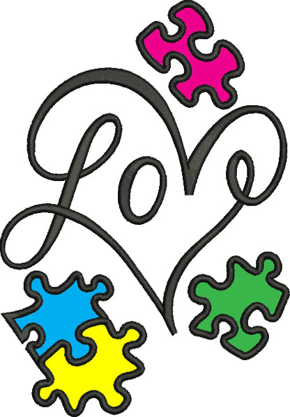 Love Heart Autism Awareness Puzzle Applique Machine Embroidery Digitized Design Pattern