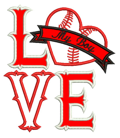 Love My Boy Baseball Heart Applique Machine Embroidery Digitized Design Pattern