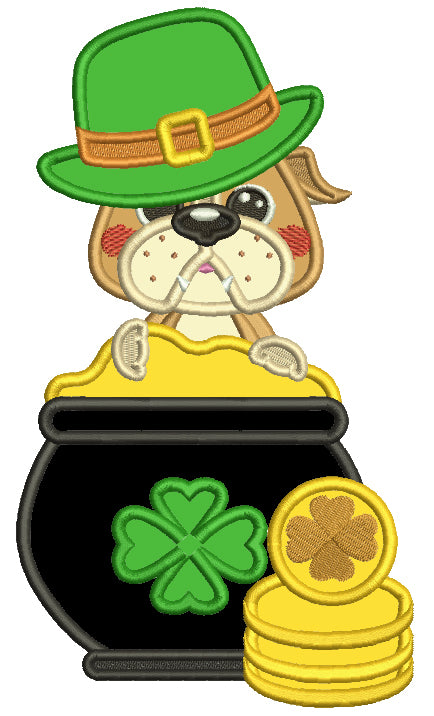 Lucky Buldog Sitting In The Pot Of Gold St. Patrick's Day Applique Machine Embroidery Design Digitized Pattern