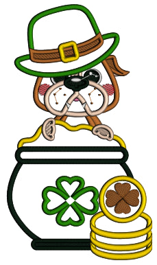 Lucky Buldog Sitting In The Pot Of Gold St. Patrick's Day Applique Machine Embroidery Design Digitized Pattern