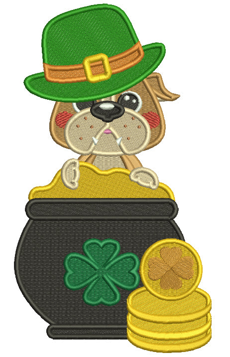 Lucky Buldog Sitting In The Pot Of Gold St. Patrick's Day Filled Machine Embroidery Design Digitized Pattern