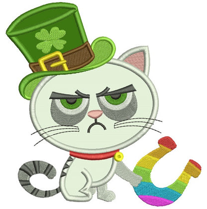 Lucky Cat That Looks Grumpy St. Patrick's Day Applique Machine Embroidery Design Digitized Pattern