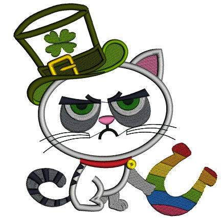 Lucky Cat That Looks Grumpy St. Patrick's Day Applique Machine Embroidery Design Digitized Pattern