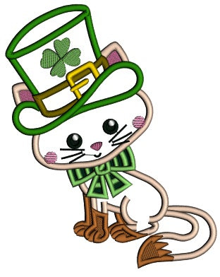 Lucky Cat Wearing Big Hat St. Patricks Day Applique Machine Embroidery Design Digitized Pattern