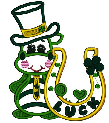 Lucky Dino Holding Horseshoe Applique St. Patrick's Day Machine Embroidery Design Digitized Pattern
