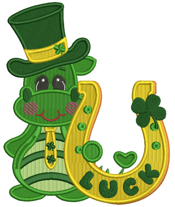 Lucky Dino Holding Horseshoe Filled St. Patrick's Day Machine Embroidery Design Digitized Pattern