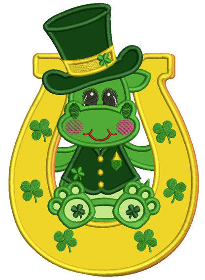 Lucky Dino Inside a Horseshoe Applique St. Patrick's Day Machine Embroidery Design Digitized Pattern