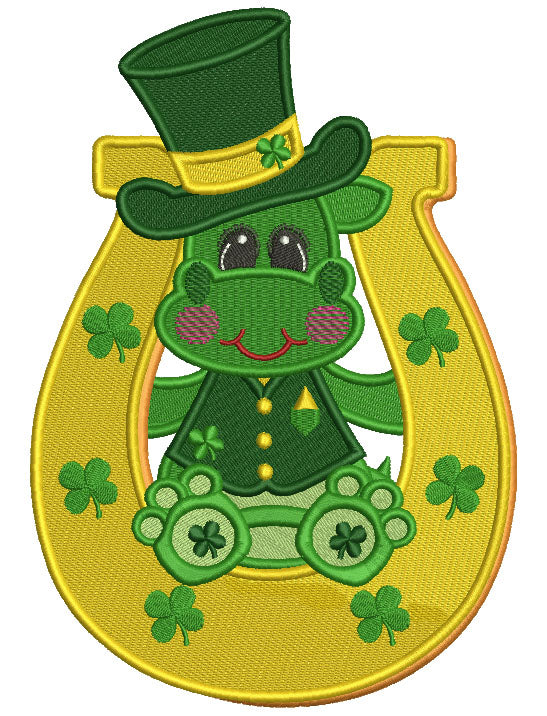 Lucky Dino Inside a Horseshoe Filled St. Patrick's Day Machine Embroidery Design Digitized Pattern
