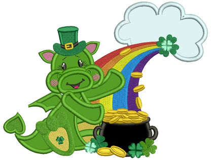 Lucky Dragon With A Rainbow And a Pot Of Gold St. Patrick's Day Applique Machine Embroidery Design Digitized Pattern