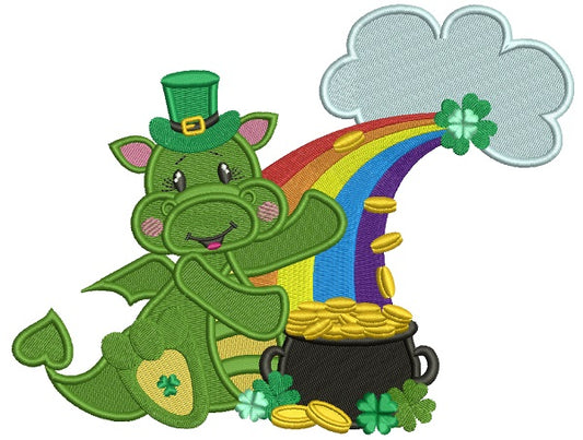 Lucky Dragon With A Rainbow And a Pot Of Gold St. Patrick's Day Filled Machine Embroidery Design Digitized Pattern