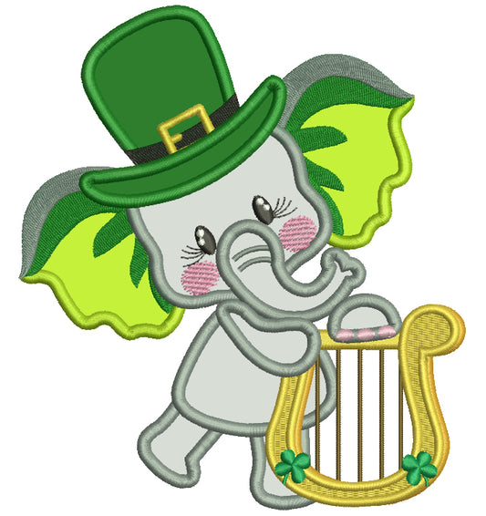 Lucky Elephant Wearing Playing Harp St. Patrick's Applique Machine Embroidery Design Digitized Pattern