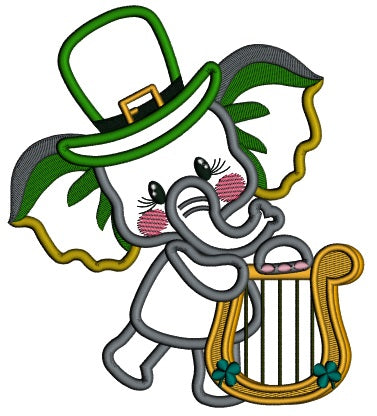 Lucky Elephant Wearing Playing Harp St. Patrick's Applique Machine Embroidery Design Digitized Pattern