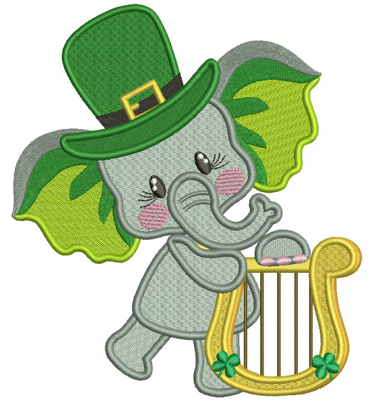 Lucky Elephant Wearing Playing Harp St. Patrick's Filled Machine Embroidery Design Digitized Pattern