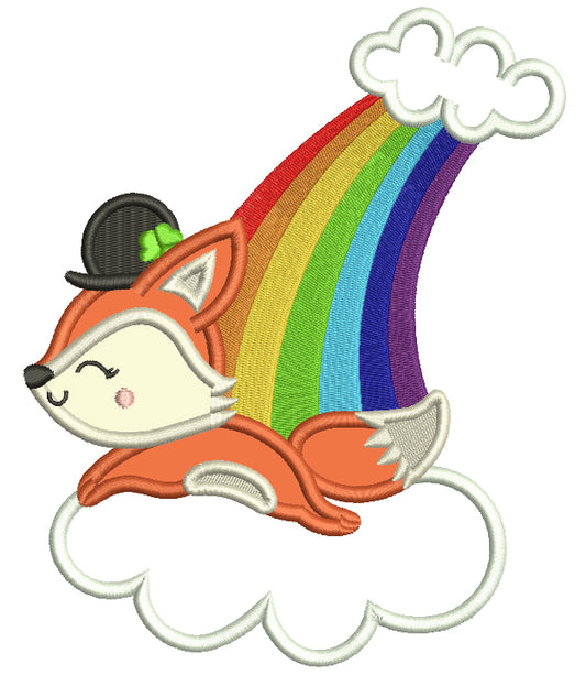 Lucky Fox Sitting On The Cloud Rainbow St. Patrick's Day Applique Machine Embroidery Design Digitized Pattern