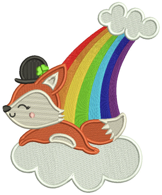 Lucky Fox Sitting On The Cloud Rainbow St. Patrick's Day Filled Machine Embroidery Design Digitized Pattern
