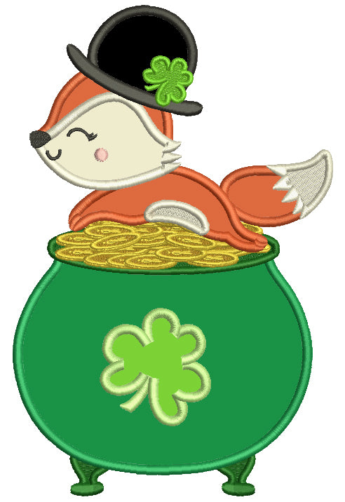 Lucky Fox Sitting On The Pot Of Gold St. Patrick's Day Applique Machine Embroidery Design Digitized Pattern