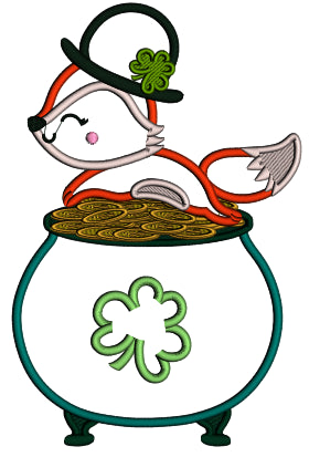 Lucky Fox Sitting On The Pot Of Gold St. Patrick's Day Applique Machine Embroidery Design Digitized Pattern