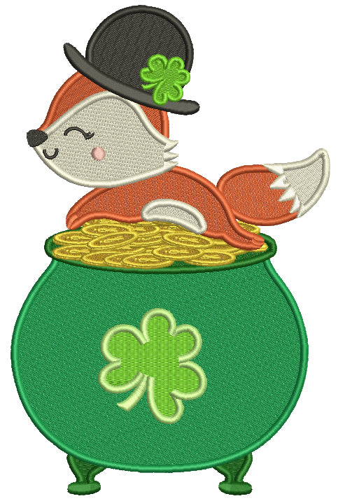 Lucky Fox Sitting On The Pot Of Gold St. Patrick's Day Filled Machine Embroidery Design Digitized Pattern