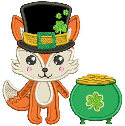 Lucky Fox With Big Hat Next to Pot Of Gold St. Patrick's Day Applique Machine Embroidery Design Digitized Pattern