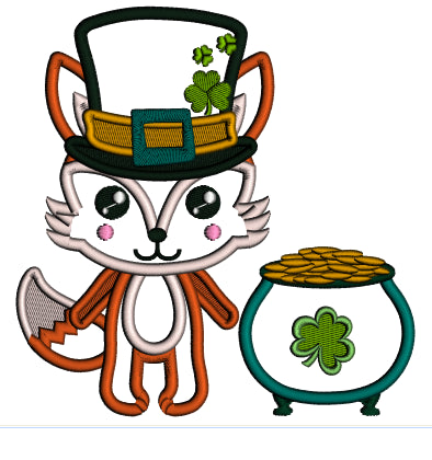 Lucky Fox With Big Hat Next to Pot Of Gold St. Patrick's Day Applique Machine Embroidery Design Digitized Pattern