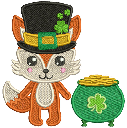 Lucky Fox With Big Hat Next to Pot Of Gold St. Patrick's Day Filled Machine Embroidery Design Digitized Pattern