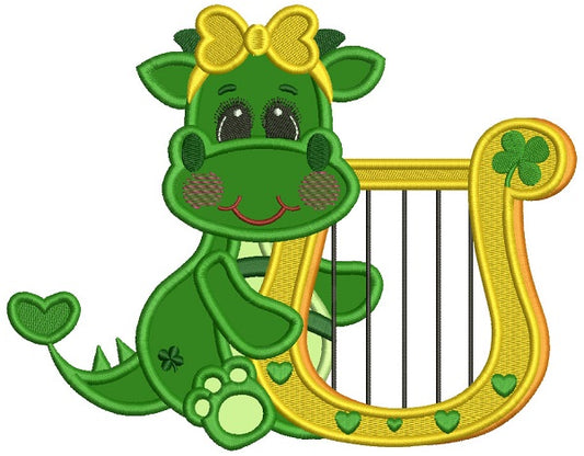 Lucky Girl Dino Holding a Harp Applique St. Patrick's Day Machine Embroidery Design Digitized Pattern