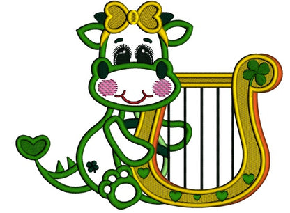 Lucky Girl Dino Holding a Harp Applique St. Patrick's Day Machine Embroidery Design Digitized Pattern