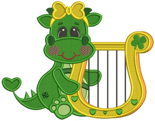 Lucky Girl Dino Holding a Harp Filled St. Patrick's Day Machine Embroidery Design Digitized Pattern