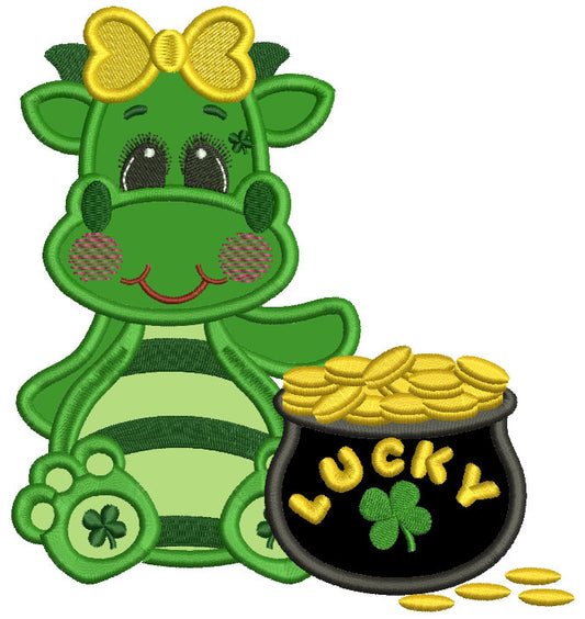 Lucky Girl Dino With a Pot Of Gold Applique St. Patrick's Day Machine Embroidery Design Digitized Pattern