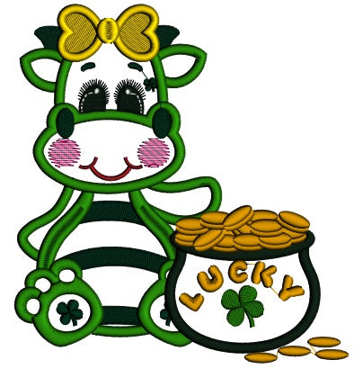 Lucky Girl Dino With a Pot Of Gold Applique St. Patrick's Day Machine Embroidery Design Digitized Pattern