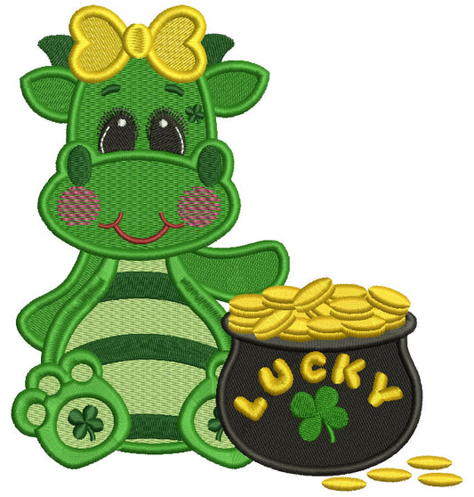 Lucky Girl Dino With a Pot Of Gold Filled St. Patrick's Day Machine Embroidery Design Digitized Pattern