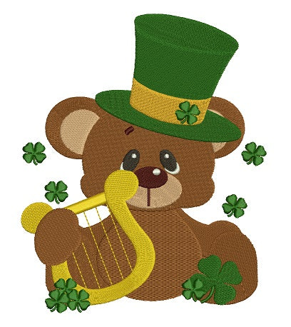 Lucky Irish Bear With Harp Shamrock Hat St Patricks Filled Machine Embroidery Digitized Design Pattern