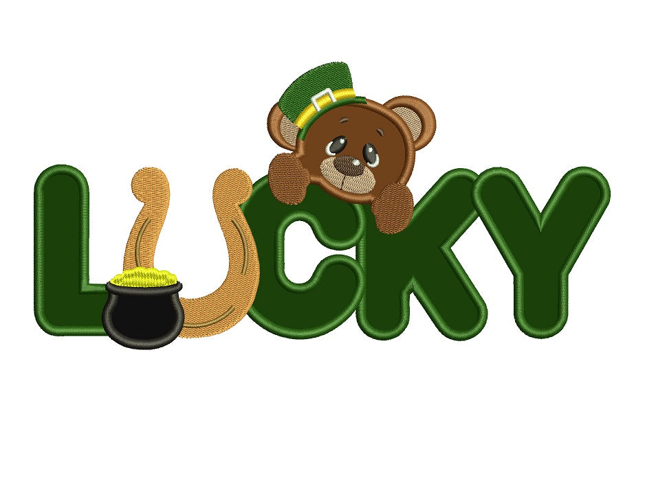Lucky Irish Bear With Horseshoe and pot of gold St Patricks Applique Machine Embroidery Digitized Design Pattern