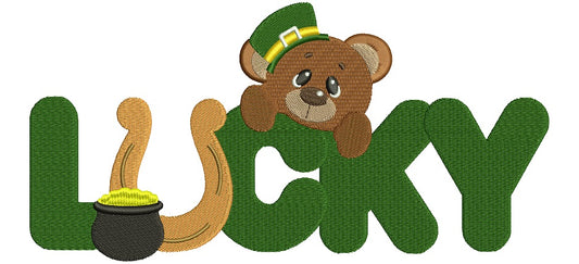 Lucky Irish Bear With Horseshoe and pot of gold St Patricks Filled Machine Embroidery Digitized Design Pattern