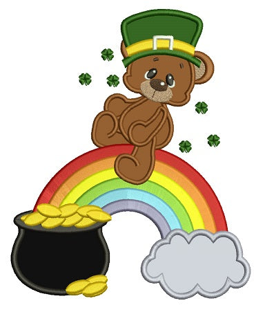 Lucky Irish Bear on the rainbow and pot of gold St Patricks Applique Machine Embroidery Digitized Design Pattern