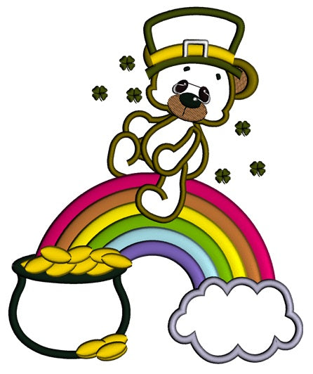 Lucky Irish Bear on the rainbow and pot of gold St Patricks Applique Machine Embroidery Digitized Design Pattern