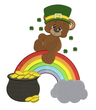 Lucky Irish Bear on the rainbow and pot of gold St Patricks Filled Machine Embroidery Digitized Design Pattern