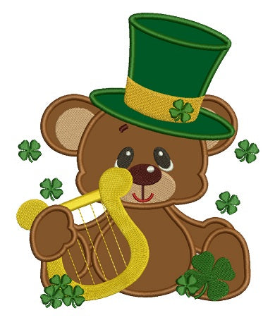 Lucky Irish Big Smile Bear With Harp Shamrock Hat St Patricks Applique Machine Embroidery Digitized Design Pattern