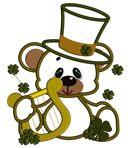 Lucky Irish Big Smile Bear With Harp Shamrock Hat St Patricks Applique Machine Embroidery Digitized Design Pattern