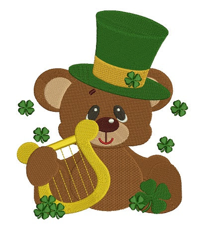 Lucky Irish Big Smile Bear With Harp Shamrock Hat St Patricks Filled Machine Embroidery Digitized Design Pattern