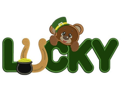 Lucky Irish Big Smile Bear With Horseshoe and pot of gold St Patricks Applique Machine Embroidery Digitized Design Pattern