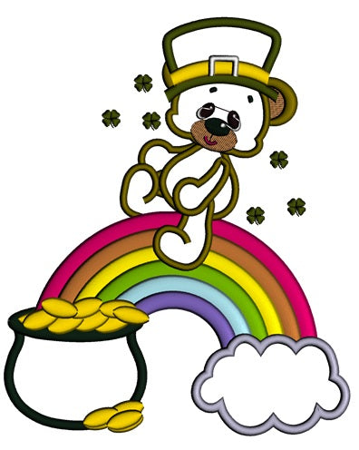Lucky Irish Big Smile Bear on the rainbow and pot of gold St Patricks Applique Machine Embroidery Digitized Design Pattern