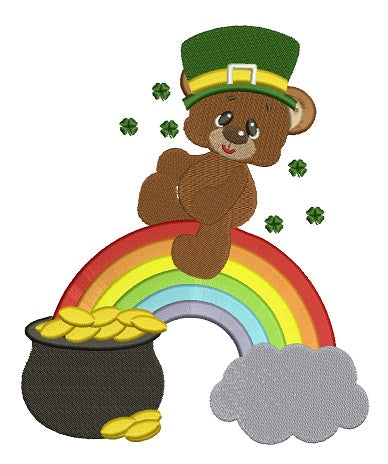 Lucky Irish Big Smile Bear on the rainbow and pot of gold St Patricks Filled Machine Embroidery Digitized Design Pattern