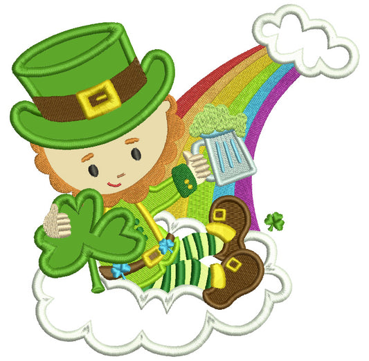 Lucky Leprechaun Holding Shamrock Irish St Patrick's Day Applique Machine Embroidery Design Digitized Pattern