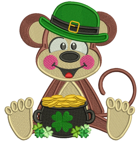 Lucky Monkey With a Pot Of Gold St. Patrick's Filled Machine Embroidery Design Digitized